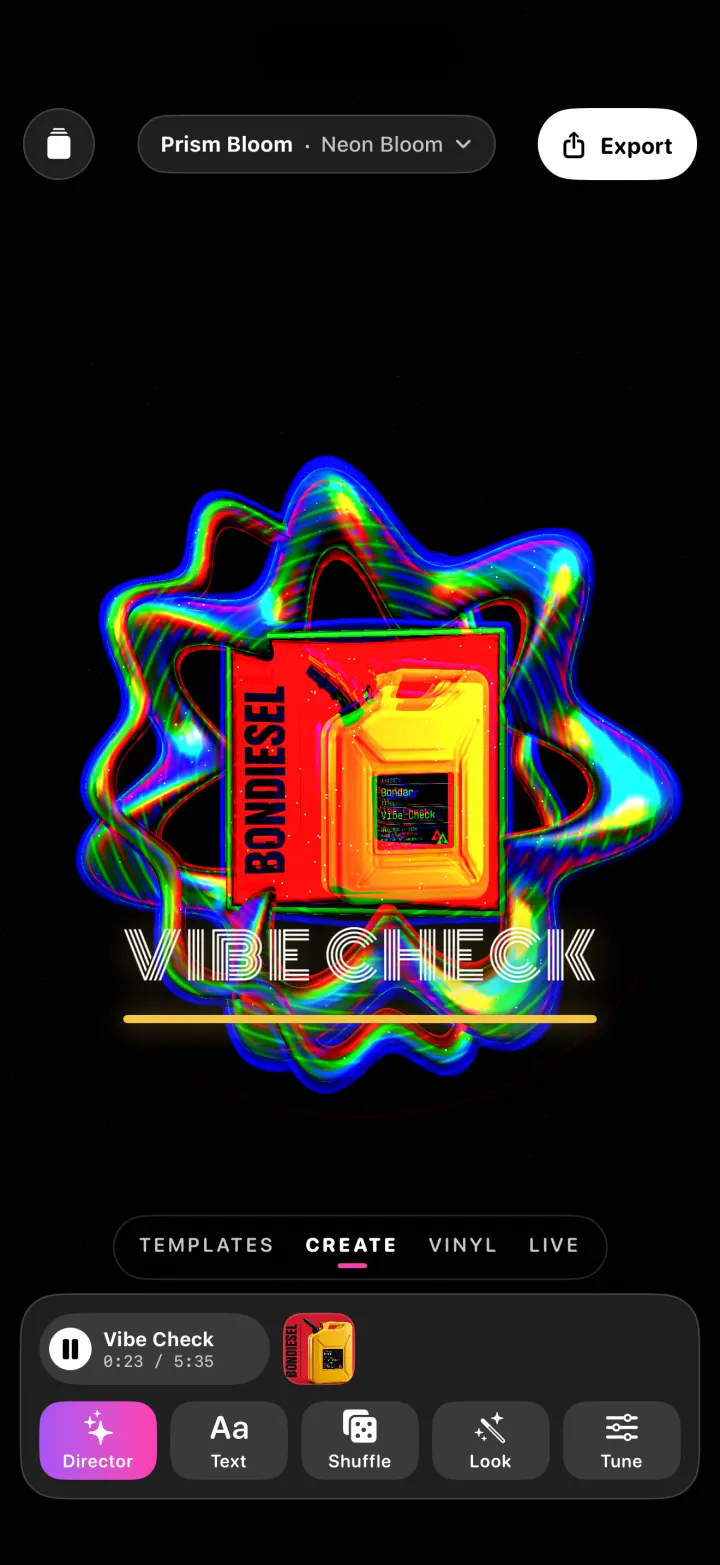 Hypnogram on iPhone: the Prism Bloom visual built around BONDAR’s Vibe Check cover, with Director, Text, Shuffle, Look and Tune, and the Templates, Create, Vinyl and Live tabs.